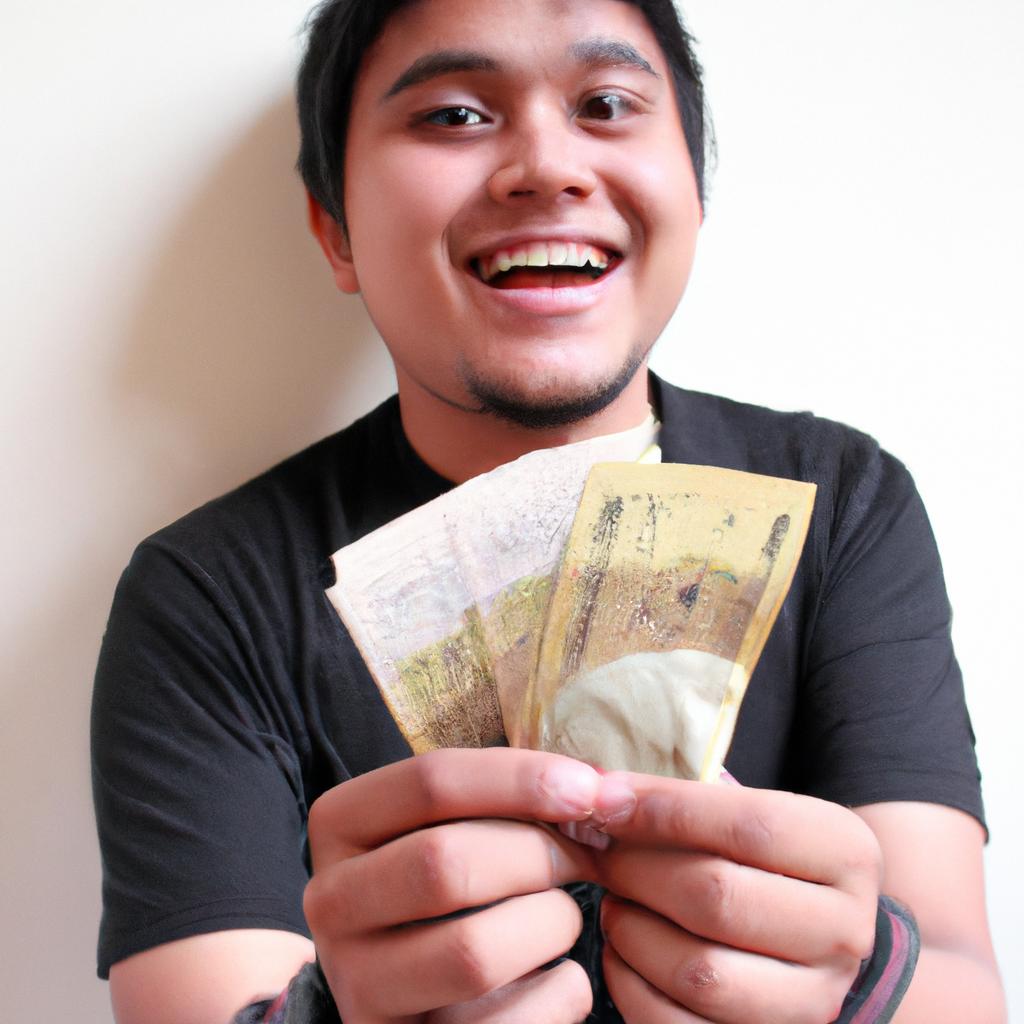 Person holding money, smiling happily